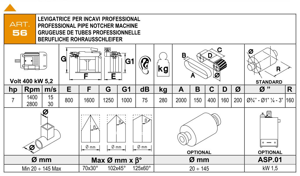 ART. 56 – Profesionální bruska na výřezy trubek – Technické parametry