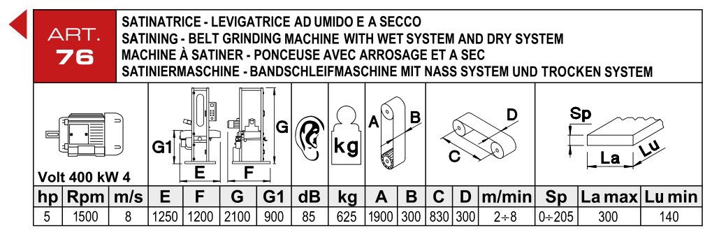 ART. 76 – Satinovací pásová bruska pro mokré i suché broušení – Technické parametry