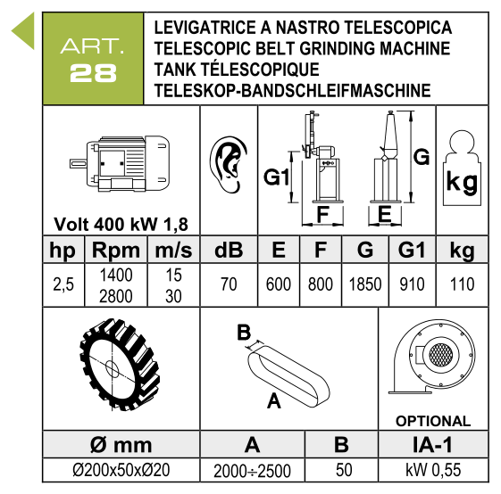 ART. 28 – Teleskopická pásová bruska – Technické parametry