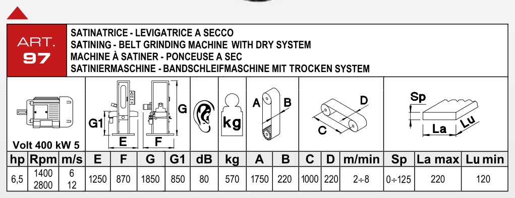 ART. 97 – Satinovací pásová bruska pro suché broušení – Technické parametry