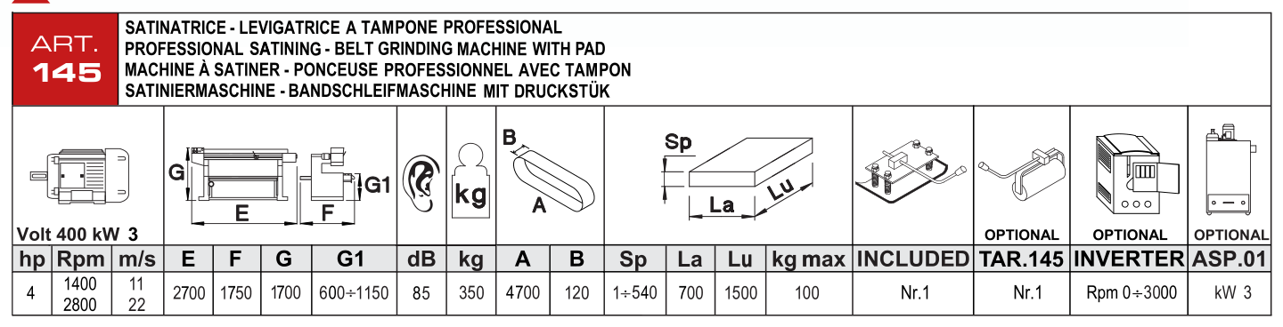 ART. 145 – Profesionální satinovací pásová bruska s přítlačnou patkou – Technické parametry