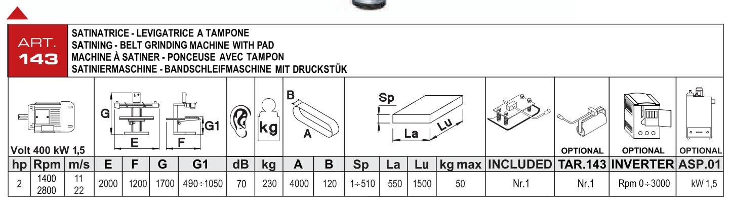 ART. 143 – Satinovací pásová bruska s přítlačnou patkou – Technické parametry