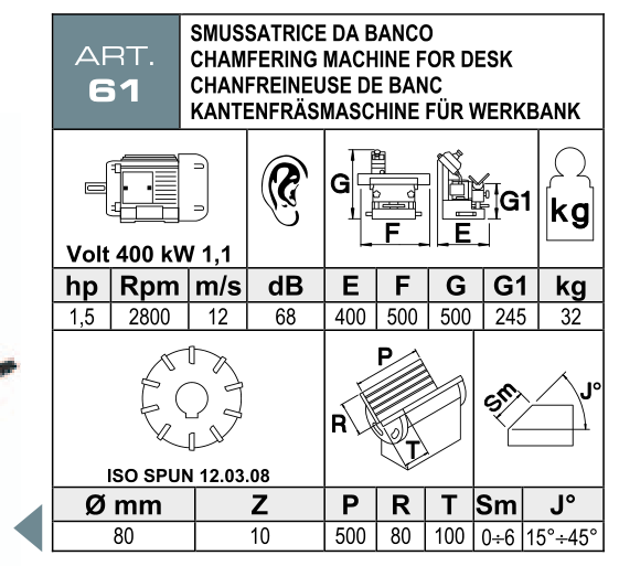ART. 61 – Stolní úkosovačka – Technické parametry