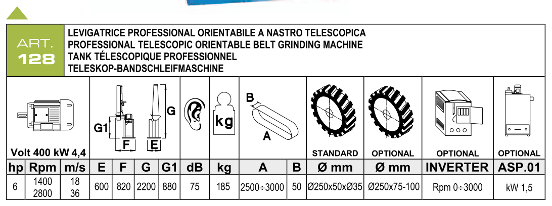 ART. 128 – Profesionální teleskopická naklápěcí pásová bruska – Technické parametry